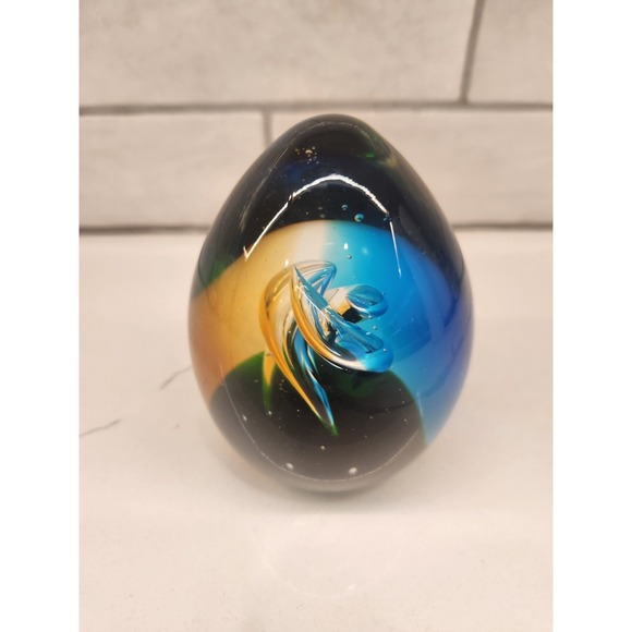 4 Inch Art Glass Paperweight Egg Blue Brown Orange Swirl with Suspended Bubbles - Picture 6 of 11